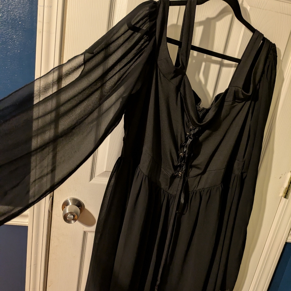 Elegant Flowy Black Sheer Sleeve Dress